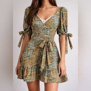 Luxxel Green & Orange Boho Floral Mini Dress Size S